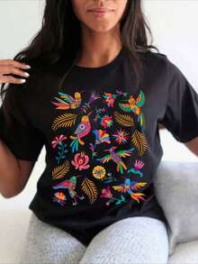 New Women's Summer Casual T-Shirt With Retro Floral Print From Mexico - Comfortable And Slightly Stretchy, Perfect For Outdoor Activities In Summer. | Casual Streetwear | - 黑色 - 查看 1