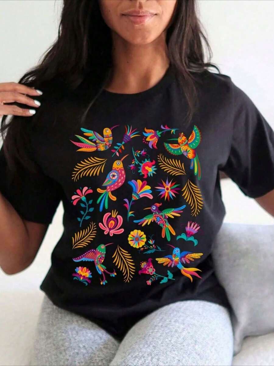 New Women's Summer Casual T-Shirt With Retro Floral Print From Mexico - Comfortable And Slightly Stretchy, Perfect For Outdoor Activities In Summer. | Casual Streetwear | - 黑色 - 查看 1