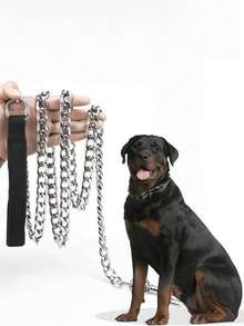 1pc Pet Leash, Metal Chain 1.2-1.8m/47-70in, Soft Black Woven Strap Foam Handle, Strong Anti-Bite Dog Chain, Suitable For Dogs, Cats Pet Chain And Pet Dog Walking Leash - Black - View 2