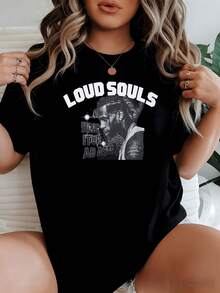 Loose Artistic Graphic That Reflects Inner Strength And Intensity Of Spirit Through Bold Typography And Monochromatic Figure. Women's T-Shirt, 100% Cotton, 220g. New Summer Women's T-Shirt - 黑色 - 查看 1