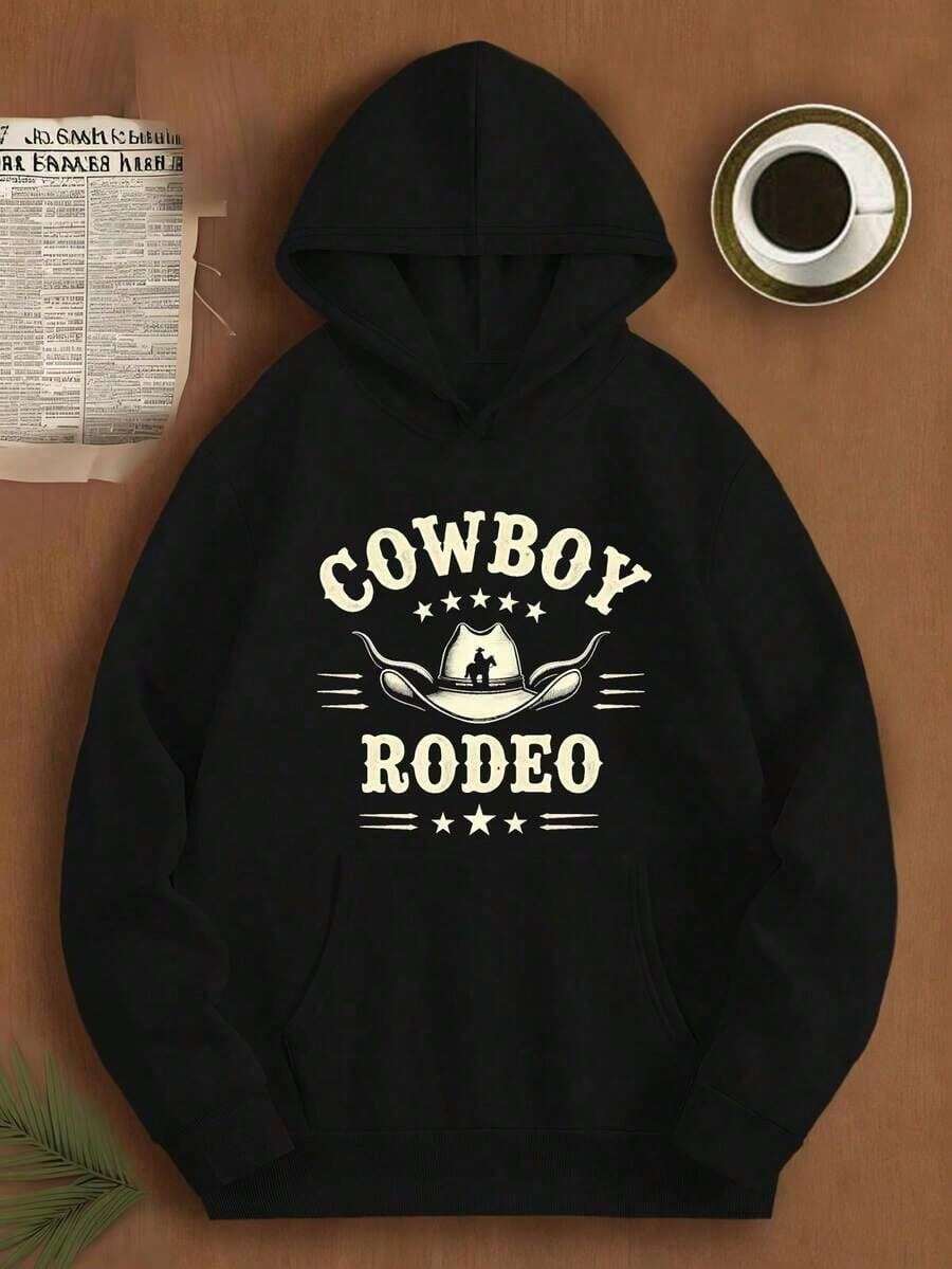 Unisex  Cowboy Rodeo Western Hooded Sweatshirt - JPH-9 Pullover With Cowboy Print, Loose Fit-Lightweight&FOR All Seasons,Cotton - Black - View 1