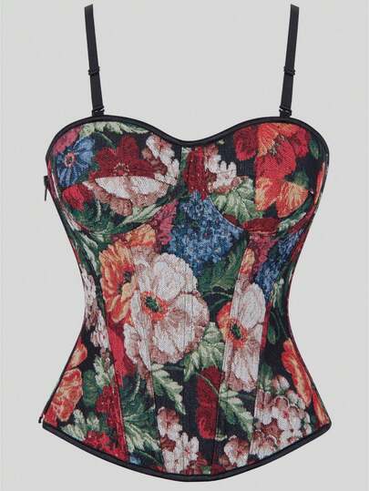 Áo corset bustier phong cách tranh sơn dầu vintage, dây vai spaghetti điều chỉnh được, khóa kéo bên hông, lưng buộc dây, có gọng định hình eo, phù hợp cho Halloween và mặc hàng ngày