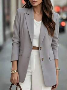 Fashion Women's Regular Fit Blazer, Long Sleeve Lapel Woven Fabric, Button Closure With Pockets - Grey - View 1