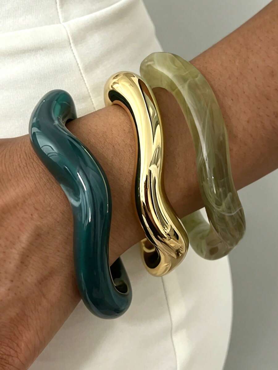 3/1pc Vintage Minimalist Casual Style Women's Wavy Shape Acrylic And CCB Material Green Open Hoop Bracelet, Suitable For Daily Wear, Stackable, Perfect Gift Choice For Holidays - Green - View 1