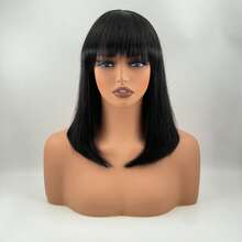 Natural Black Colored Short Bob With Bangs Full Machine Made Wig 12inch Silk Straight Glueless Wig No Lace Ready To Wear Real Human Hair Wig Cap For Beginners Non Lace Wig Bob Wig - Natural Black - View 2