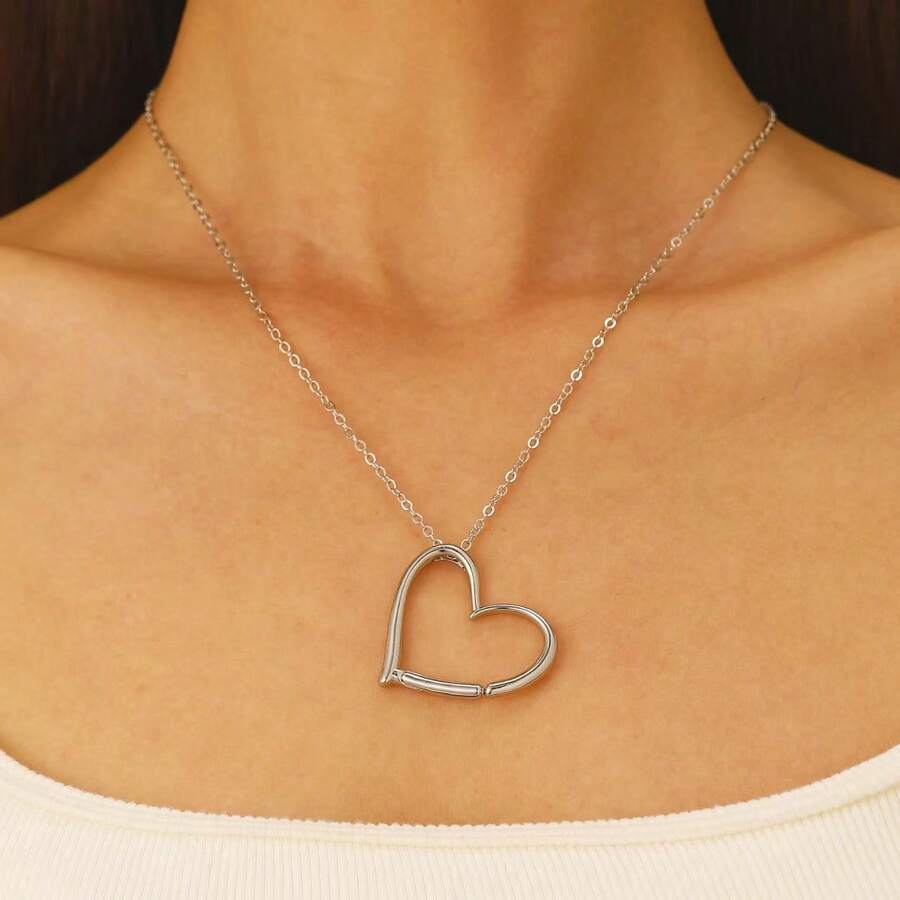 Simple Necklace With Heart Pendant For Collarbone - Dark Silver - View 1