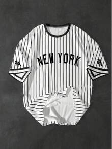 Plus Size Men's Printed Crew Neck T-Shirt, New York Striped Baseball Style, Crew Neck Short Sleeve T-Shirt - White - View 2