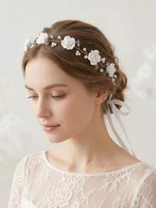 Diadema elegante de mujer con enredadera floral de rosas, perlas y cristales, lazo de cinta, accesorios para el cabello de novia y boda para fiesta, accesorios de dama de honor con cinta - Multicolor - Ver 6