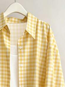 Vintage Plaid Women's Long Sleeve Shirt, Long Sleeve Striped Shirt, Button-Up Design Yellow Sports - Yellow - View 5