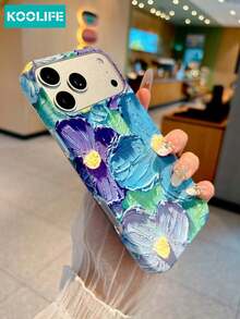 KOOLIFE 1pc Blue Purple Floral Oil Painting Phone Case, Abstract Art Flower Print, PC+TPU Anti-Drop Protective Cover, Vintage Boho Aesthetic, Full Camera Protection Case Compatible With Apple 17/17pro/17promax/17Air/16/15/14/13 - Blue Oil Painting Flowers - View 3