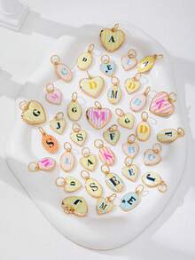 1pc Colorful Striped Heart Initial Pendant, Gold Plated Enamel A-Z Letter Charm, DIY Jewelry Making, Customized Bracelet Necklace Earrings - Multicolor - View 1