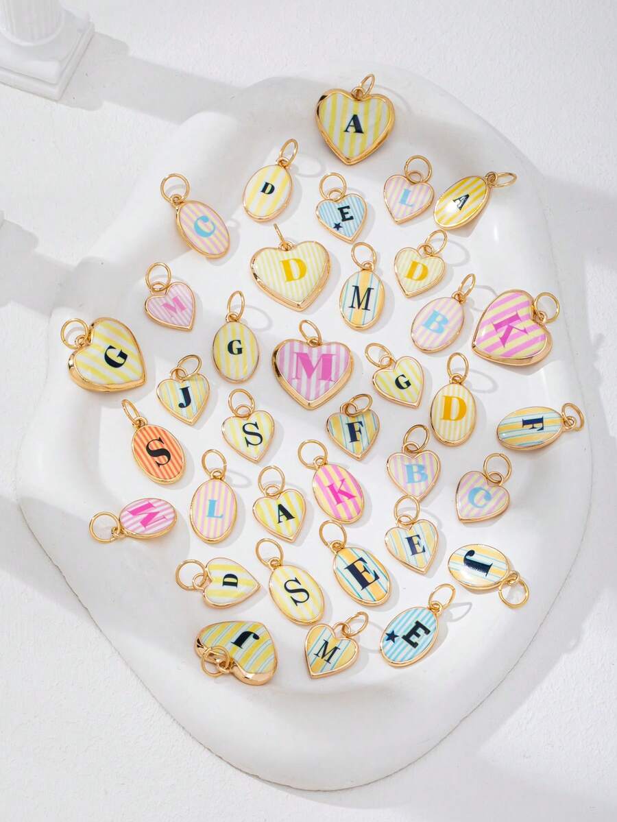 1pc Colorful Striped Heart Initial Pendant, Gold Plated Enamel A-Z Letter Charm, DIY Jewelry Making, Customized Bracelet Necklace Earrings - Multicolor - View 1