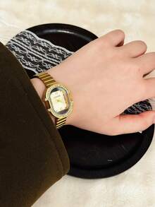 1pc Gold/Silver Square Bamboo Pattern Quartz Watch, Suitable For Daily Wear, Birthday Gift, Christmas - Gold - View 7