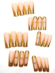 24 piezas de pegatinas de uñas cuadradas largas minimalistas francesas con estrellas 3D, con 1 lima de uñas y 1 esmalte de uñas de gel - Multicolor - Ver 3