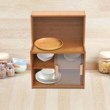 GRANDMEI 45cm Kitchen Storage Cabinet with Sliding Doors, Freestanding Countertop Adjustable Shelves Bamboo Organizer for Dishes, Spices, Cups,22lbs/Shelf (Tawny, Semi-Clear) - Braun, Halbtransparent - Übersicht 2