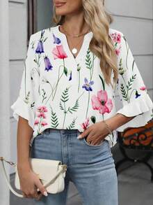 Blus för kvinnor i plus size med blommigt tryck, volanglager, korta ärmar och rund hals, bohemisk stil, semesteroutfit för sommaren - Babyrosa - Visa 2