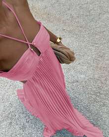 Women's Pleated Halter Neck Maxi Dress, Crisscross Straps Cutout Waist Evening Gown - 粉紅色 - 查看 3
