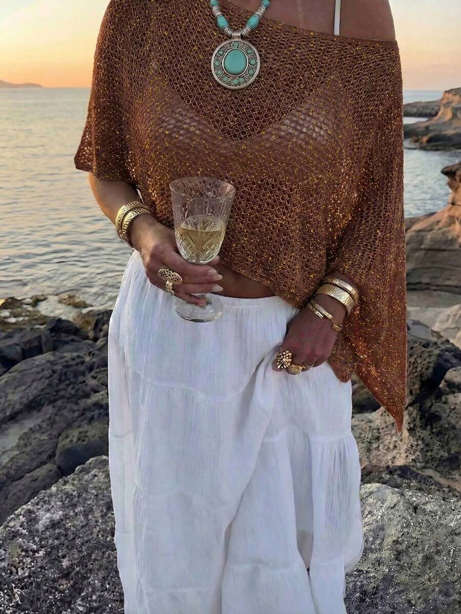 Women's Summer Side Top With Asymmetrical Hem, Lightweight And Breathable Shiny Fabric, Loose Fit Suitable For Various Figures, Casual Beach Top, Bohemian Style Summer Outfit CJ77 - 紅咖啡2 - 查看 1