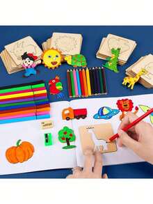 20pcs Christmas Decoration Montessori Wooden Animal & Fruit Pattern Painting Doodle Fill-In DIY Painting Template, Back To School - Multicolor - View 4