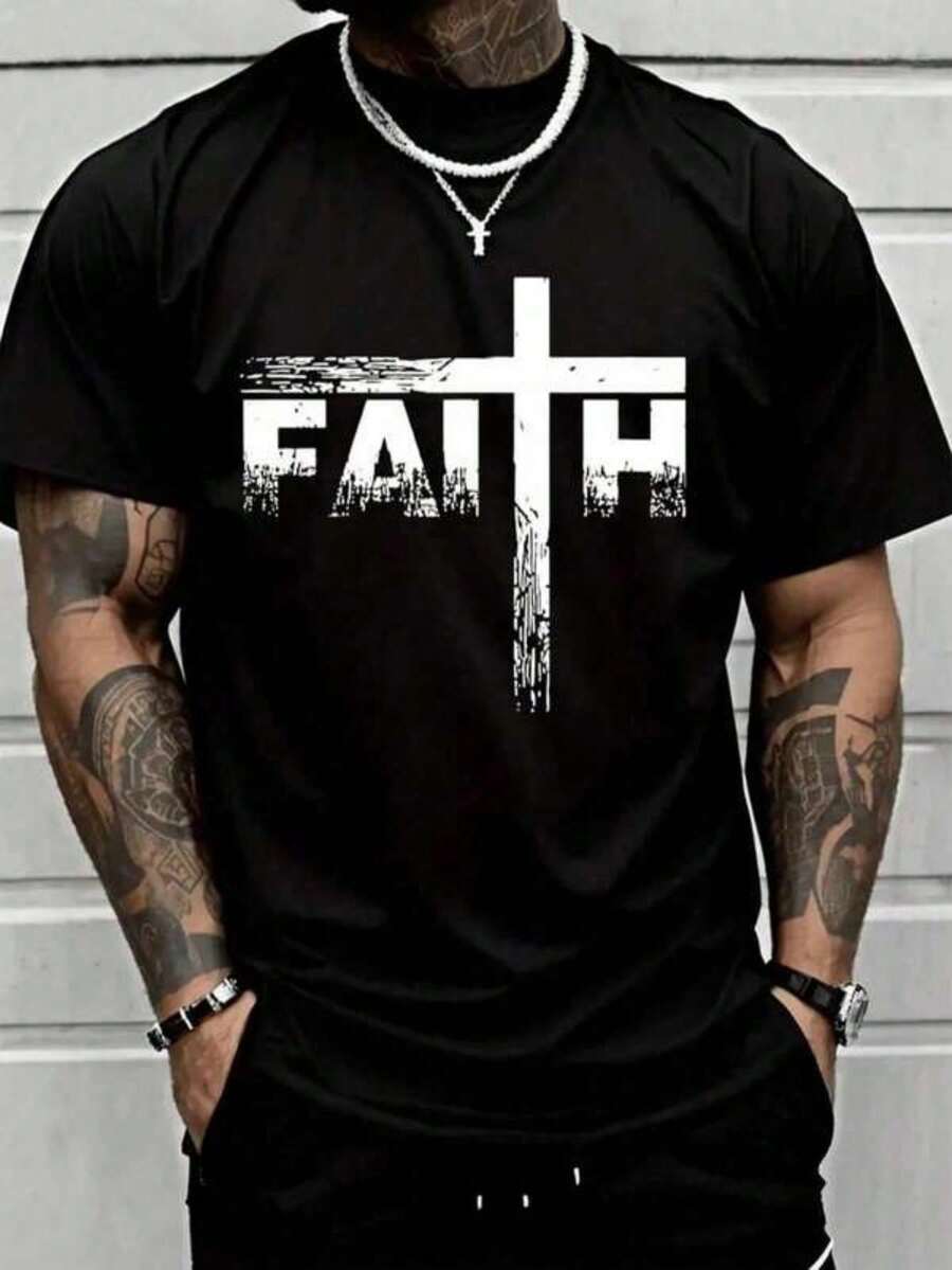 1 camiseta negra para hombre con estampado de cruz, cuello redondo, camiseta casual de algodón, tejido de punto de elasticidad media, corte regular para hombre, talla S-XXXXXL - Negro - Ver 1