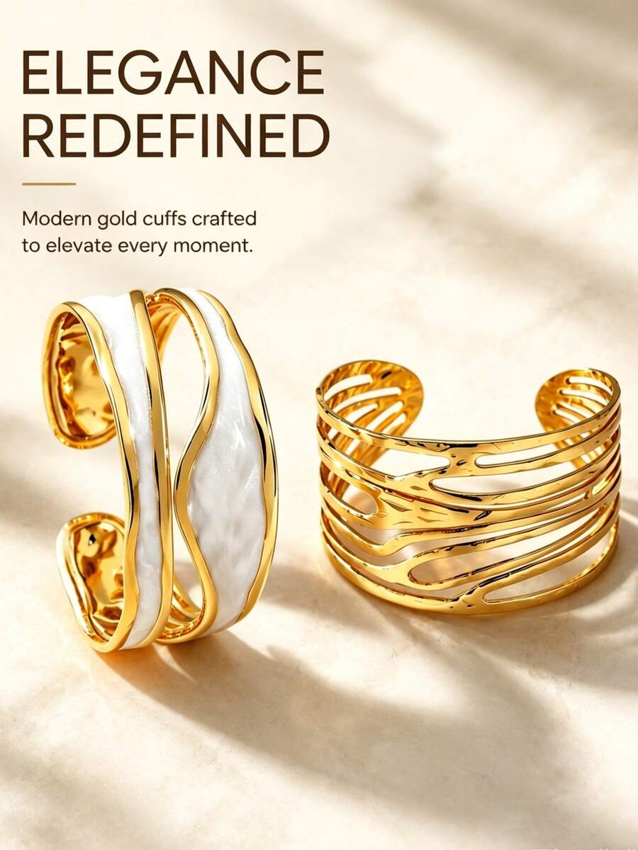 VceTd 2PCS/1PC Fashionable Versatile Style Stainless Steel Women's Bangle With Enamel Craft And Geometric Line Design, Suitable For Women's Daily Life, Work Commute Or Casual Outings - Yellow Gold - View 1