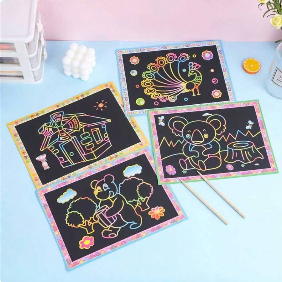 Rainbow Scratch Art Paper Sheets, Black Scratch Off Cards With Bamboo Stylus, Engraving Art Paper For Craft Projects, Scrapbooking & Decor, Styles Random Ship - Multicolor - View 1