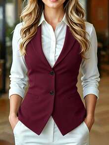 1pc Women's Solid Color Pocket Button Elegant Fashion Sleeveless Vest Top Jacket, Suitable For Office, Holiday, Casual, Date, Spring/Autumn/Summer - Burgundy - View 5