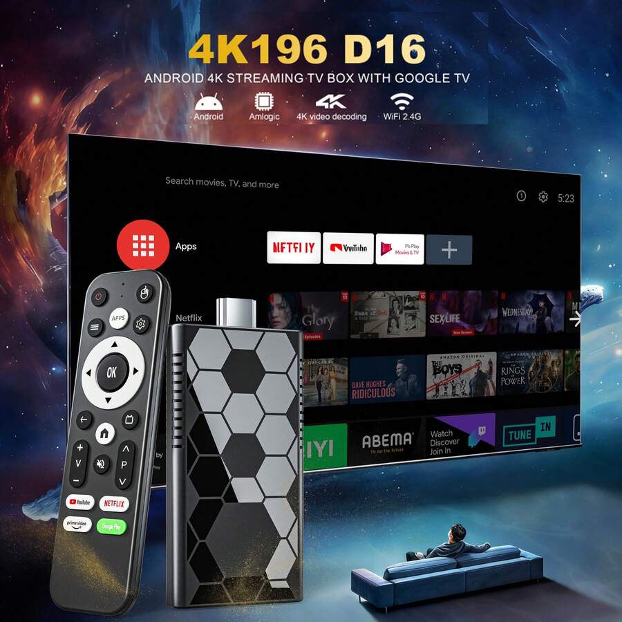 VELEC I96 D16 電視棒，超 4K UHD ATV，配備 [8GB RAM+128GB ROM]，內建雙頻 WiFi，由 Android ATV 智慧電視棒驅動，適用於 Android 電視棒、電視和投影機 4K HD 串流設備，全志 H313 - 黑色 - 查看 1