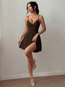 Adjustable Shoulder Strap Waist Pleated Ruffle A-Line Mini Dress, Sexy Fashion Versatile Daily Wear, Spring/Summer New Style - Brown - View 7