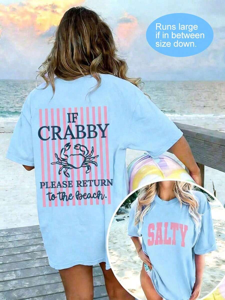 Women's If Crabby Please Return To The Beach Salty Graphic T-Shirt Double-Sided Print Oversized Casual Summer Tops Vacation Outfits Casual - 淺藍色 - 查看 1