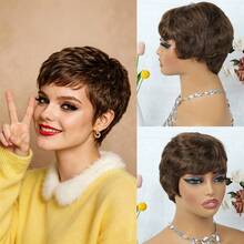 Wig Rambut Pendek Pixie Bergaya, Rambut Manusia Remy Peru, Wig Rambut Manusia dengan Poni, Jaring Elastis, Buatan Mesin Penuh, Cocok untuk Liburan, Pesta, Wig Lurus Berlapis, Warna Hitam, Warna Cokelat Tua, Warna 99# - MultiWarna - View 13