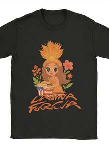 Short-Sleeved Black T-Shirt With A Cartoon Girl Print And "LA NTRA FORCIA" Graffiti Style, Latin American Culture Theme, Casual Daily Wear, Creative And Fashionable Gift - 黑色 - 查看 1