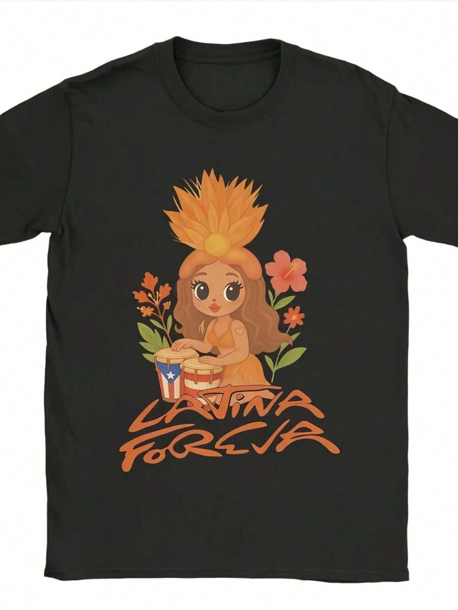 Short-Sleeved Black T-Shirt With A Cartoon Girl Print And "LA NTRA FORCIA" Graffiti Style, Latin American Culture Theme, Casual Daily Wear, Creative And Fashionable Gift - 黑色 - 查看 1