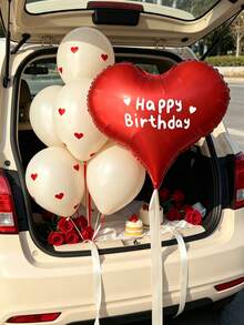 Red Heart-Shaped Balloons Paired With Latex Balloons, Valentine's Day Decorations, Romantic Decorations For Special Nights, Birthday Decorations, Wedding Decorations, Anniversary Decorations, Proposal And Engagement Decorations, Atmosphere Setup, Party Decorations. - Red Heart-shaped Stickers and Sand-white Latex Balloons - View 9