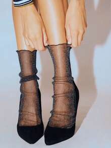 1 Pair Glitter Sheer Mesh Ankle Socks, Ruffle Cuff Semi-See-Through Sequin Mid-Calf Socks, Suitable For Party, Nightclub, Y2K Nightlife Outfit - Black - View 6