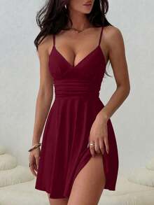 Adjustable Strap Waist Ruched Ruffle Hem A-Line Mini Dress, Sexy Fashion Versatile Daily Wear, Spring/Summer New Arrival Elegant, Vacationcore - Burgundy - View 1