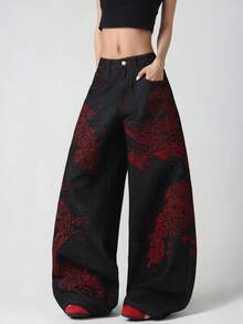 1pc Women's Retro American Street Style Red Embroidered Black Loose Wide-Leg Jeans, Versatile Denim Pants (Belt/Accessories Not Included) Casual Fall - Black - View 1