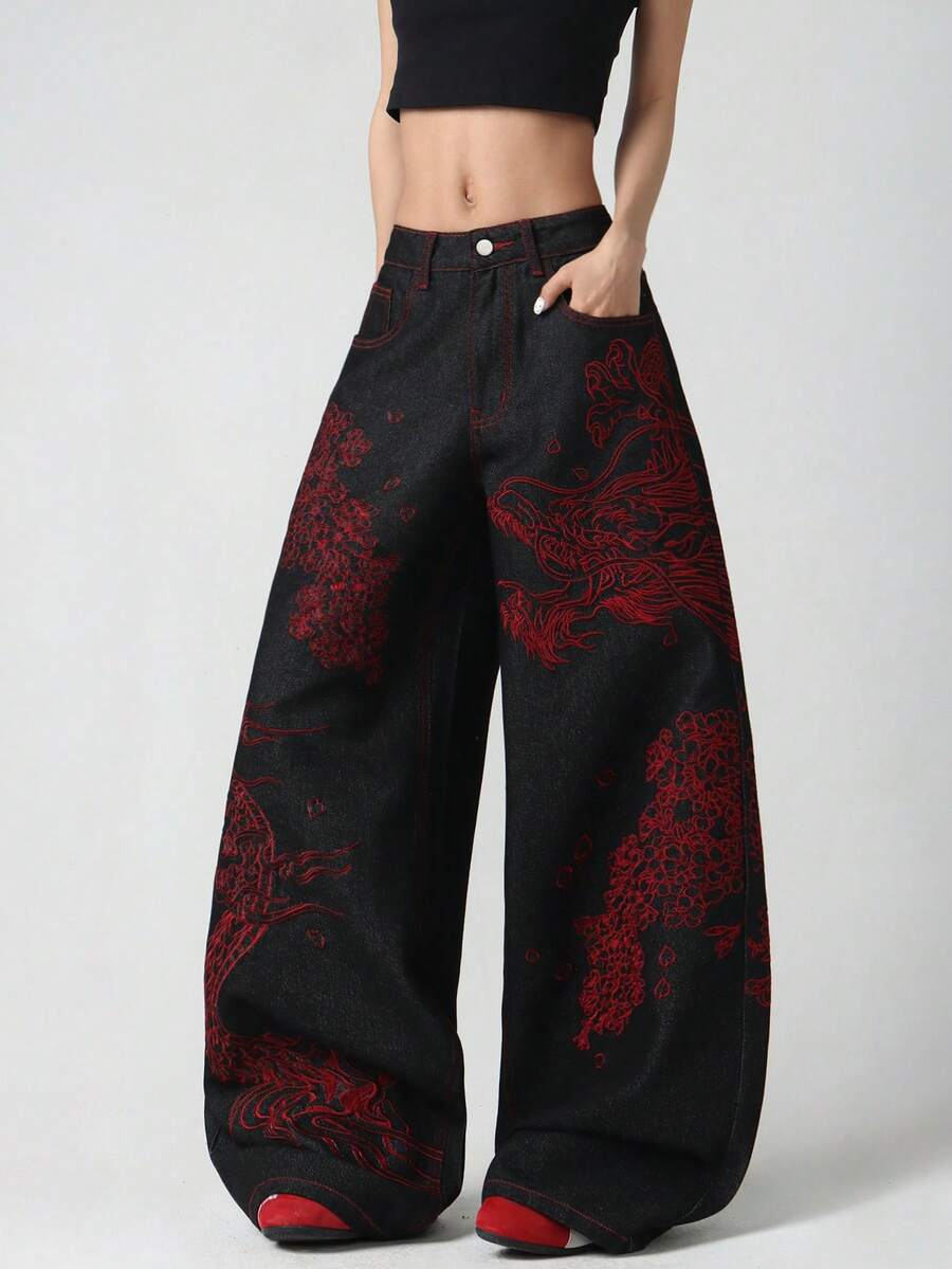 1pc Women's Retro American Street Style Red Embroidered Black Loose Wide-Leg Jeans, Versatile Denim Pants (Belt/Accessories Not Included) Casual Fall - Black - View 1