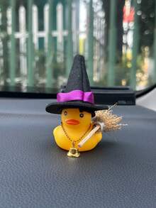 1pc Car Dashboard Ornament, Halloween Theme Rubber Duck With Witch Hat, Broom And Bell, Creative Desktop / Home Decor Figurine, Fun Halloween Gift - Car Ornaments - View 6