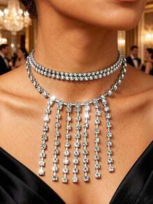 1pc Multi-Layer Tassel Necklace With Rhinestones, Niche Elegant Collarbone Chain, Elegant Wedding Outfit Accessory For Women - Silver - View 2