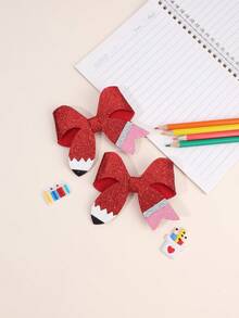 2 pièces Pinces à cheveux nœud crayon pailleté rouge pour la rentrée scolaire pour filles, jolies barrettes, pinces alligator, premier jour d'école, accessoires capillaires décontractés pour tous les jours - Multicolore - Voir 2