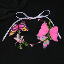 1件波希米亞風蝴蝶與花卉花環，可調節緞帶花冠，適合海灘、攝影（隨機蝴蝶圖案） - 彩色 - 查看 7