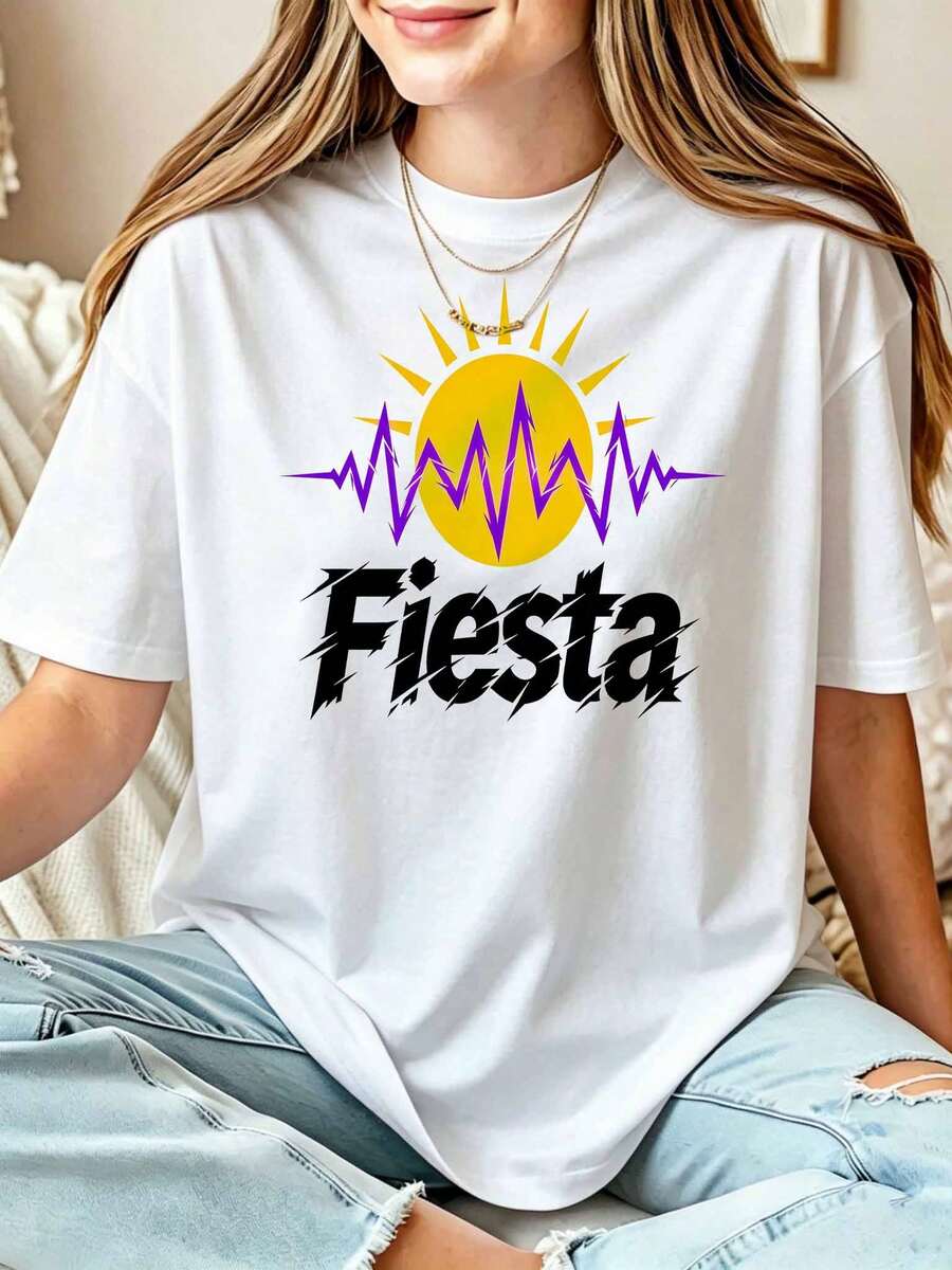Fiesta Electric Pulse Sun Graphic Tee, Bold Typography Rave Festival Streetwear Shirt - White - View 1