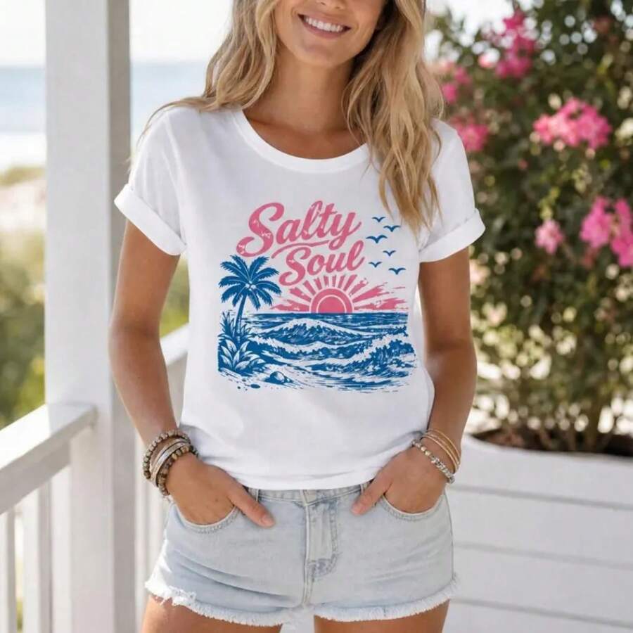 Camiseta Retro Sunset Beach 2026, Camiseta con Gráficos del Océano Costero, Camiseta para Vacaciones de Verano, Camiseta de Estética Costera - Blanco - Ver 1