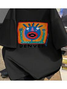 Exclusiva de Verano 2026, Última , Camiseta de Algodón Puro Solo para Verano 'You Drive Me Crazy' con estampado de monstruo para hombre - Negra, de manga corta, estilo casual urbano - Negro - Ver 1