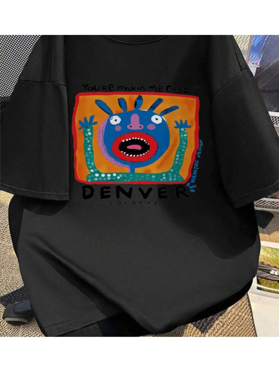 Exclusiva de Verano 2026, Última , Camiseta de Algodón Puro Solo para Verano 'You Drive Me Crazy' con estampado de monstruo para hombre - Negra, de manga corta, estilo casual urbano - Negro - Ver 1