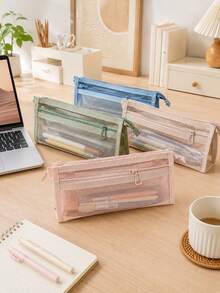 Tempat Pensil Jala Warna Polos (4 buah/1 buah) - Tas Penyimpanan Alat Tulis Minimalis Transparan Bentuk Segitiga dari Nilon dengan Resleting Ganda, Kapasitas Besar, Cocok untuk Siswa Kembali ke Sekolah, Kantor, dan Penggunaan Ujian. - A - View 5