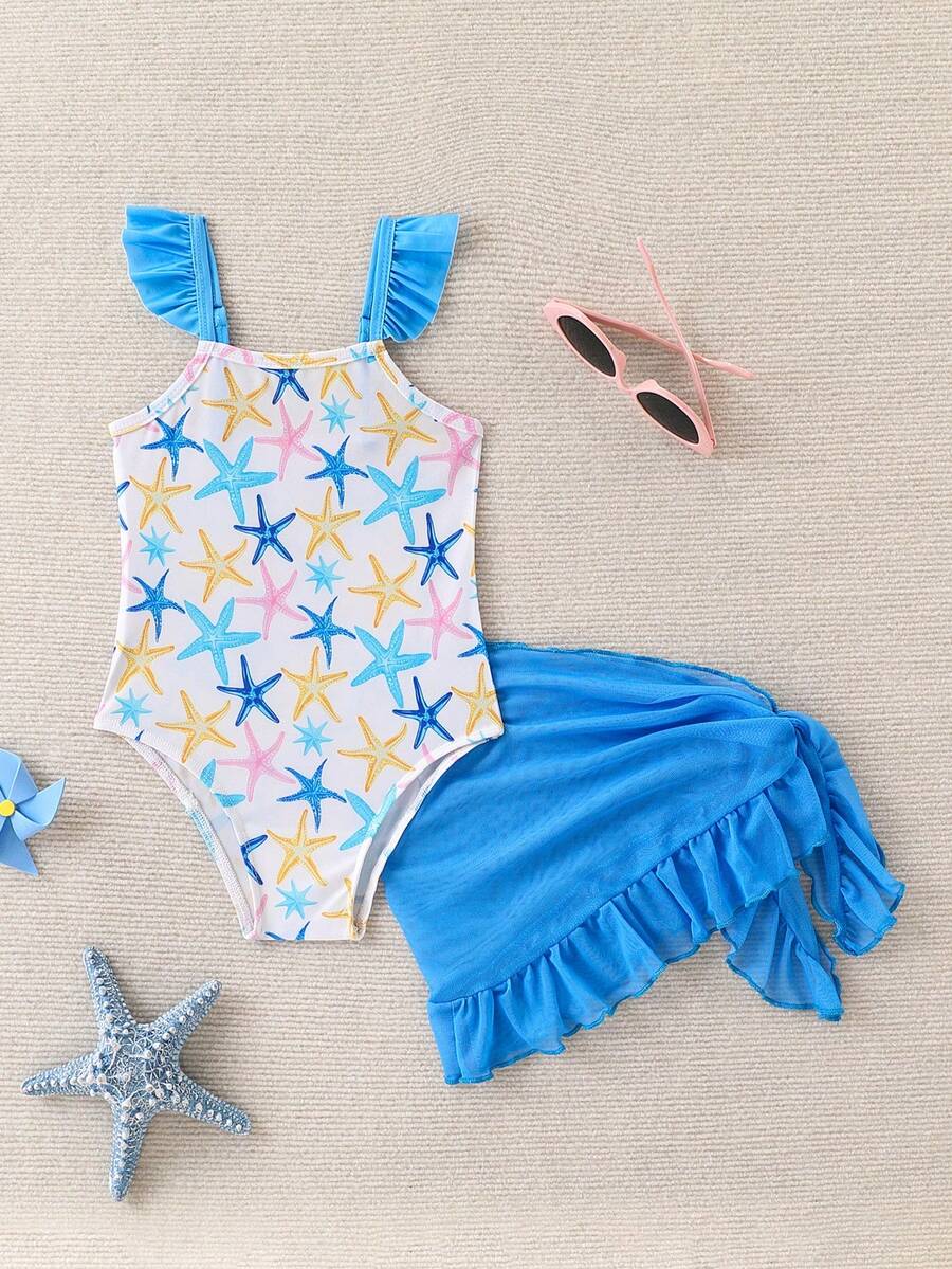 4-8 Years Girls Starfish Print Ruffle Strap One Piece Swimsuit With Cover Up Skirt 2 Piece Set For Pool Beach Hot Spring - Blue - View 1