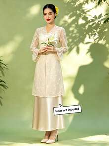 1pc Solid Color Elegant Embroidered Button Long Sleeve Blouse For Women, Spring/Summer (Inner Layer Not Included) - Champagne - View 2
