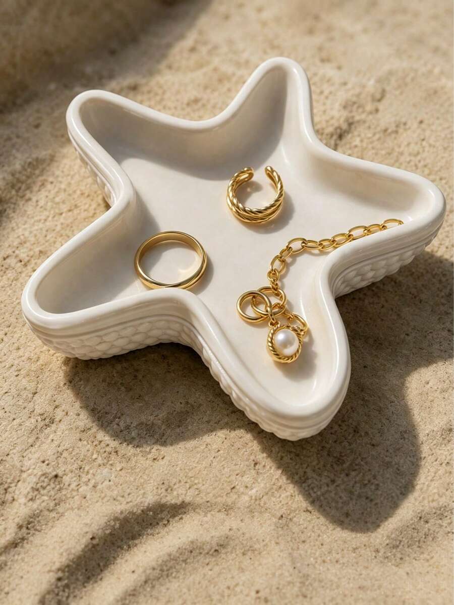 1 pièce Plateau à bijoux en céramique noir & blanc en forme d'étoile de mer, plat de rangement décoratif de style côtier pour bagues, boucles d'oreilles, montres, colliers et écouteurs, décoration moderne pour coiffeuse, table de chevet et salle de bain, convient aux amateurs d'océan & de plage, cadeau de pendaison de crémaillère ou d'anniversaire - Multicolore - Voir 1